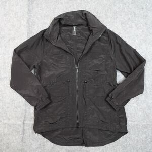 Savvi Jacket Womens Large Rain Coat Packable Black Hidden Hood Full Zip